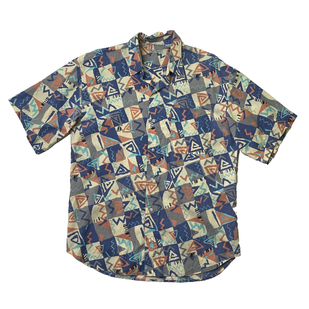 Vintage Bugle Boy Shirt Men Large Vintage Retro 80s Abstract Geometric Button Up